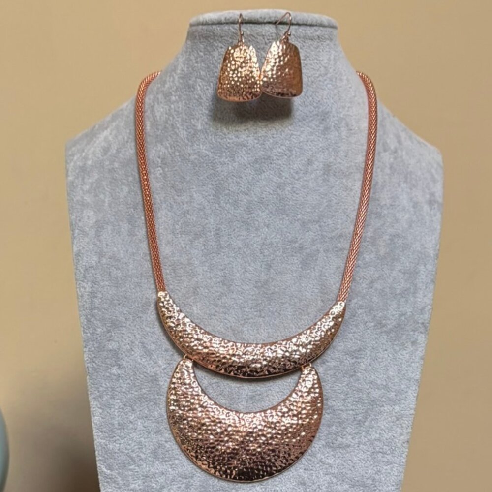 Rose Gold Hammered Look Half Moon Shape Pendant Snake Link Necklace Earring Set